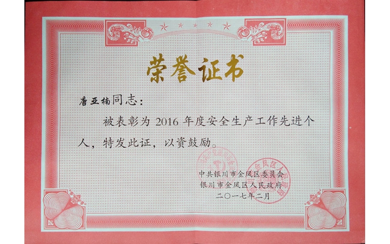 唐亞楠總經(jīng)理榮獲“2016年度安全生產(chǎn)工作先進(jìn)個人”榮譽(yù)稱號